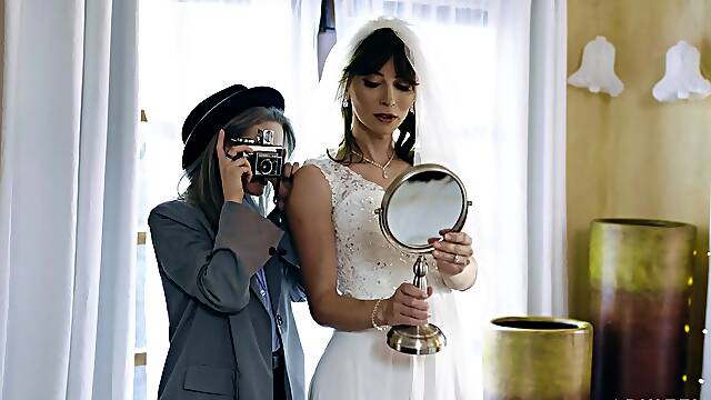 Shemale bride fucks young female photographer right on her wedding day