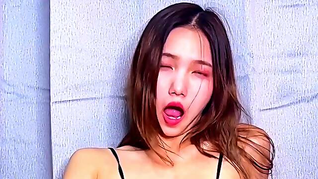 Hot Asian Shemale in Sequin Lingerie Masturbating with Dildo
