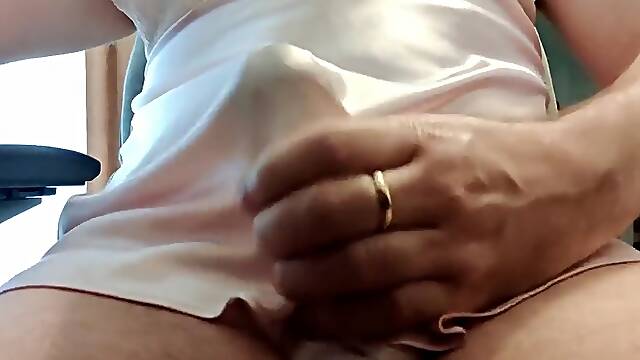 Jerking off in my wifes dress satin chemise and g-string