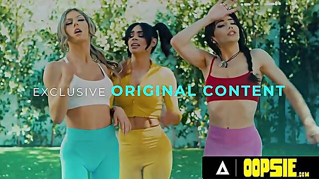 OOPSIE - Naughty shemales Ariel Demure and Erica Cherry take off Summer Harts yoga pants to give her a double penetration