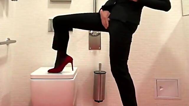 Mean bitch high heels, long legs cum in office toilet like small girl