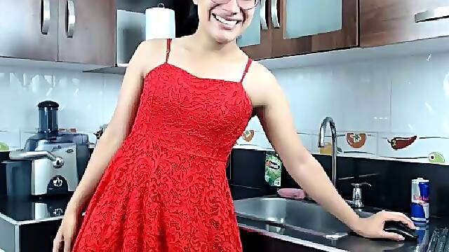 Nerdy Asian tranny in a sexy red dress flashes her nice cock