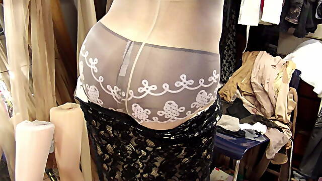 Undressing lace skirt, M&amp;S glossy 20 den tights in Champagne
