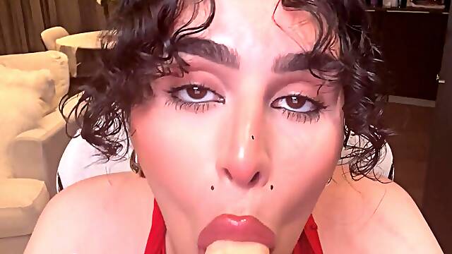 Cute Curly Haired Trans Girl tries her best to Deepthroat