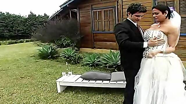 TS bride cant wait as she sticks her big Tcock in the guys ass right after the wedding