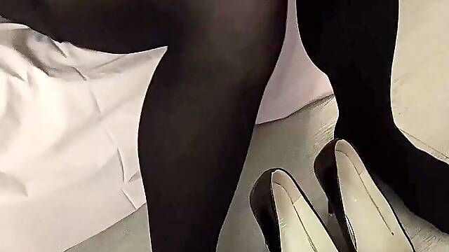 Crossdresser Sissy Strokes In Black Pantyhose And High-Heeled Shoes