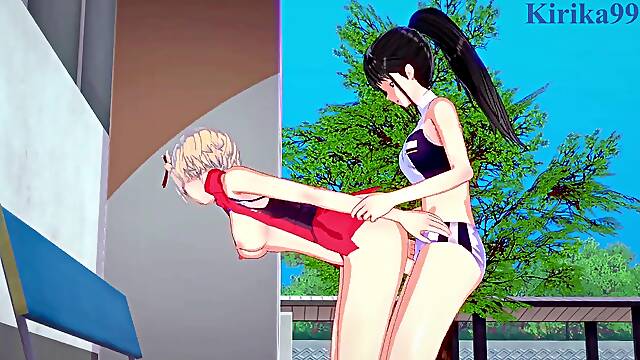 Chisato Nishikigi and Takina Inoue have hermaphroditism orgy in the backyard. - Lycoris Recoil Anime Porn