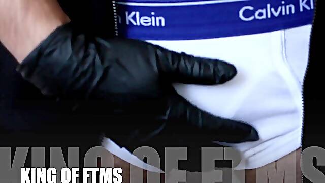 HD: FTM Transman Strokes FAT MAN SAUSAGE with Black Spandex Mittens (SPANDEX FETISH)