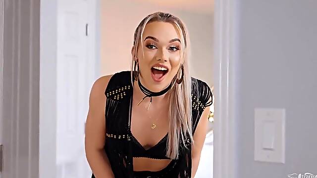 Blonde Tranny In Boots And Leather Ass Fucked Doggystyle: I Spy A Big Hard Cock - Emma Rose