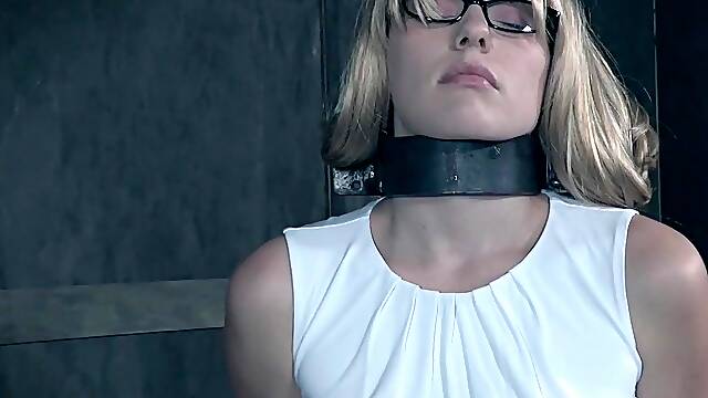 Nerdy blonde cutie Riley Nixon gets her hair cut in extreme bondage