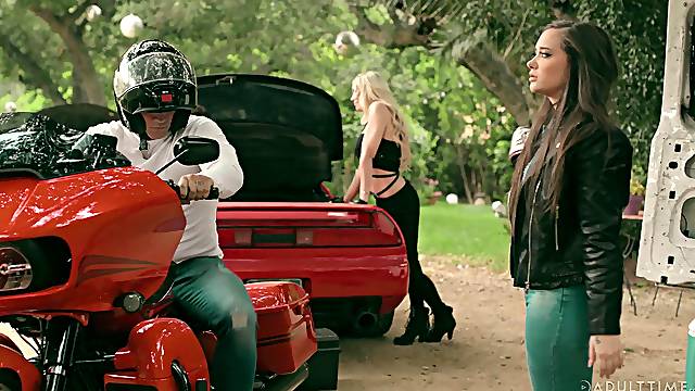 Brunette pornstar enjoys riding a stiff dick of a shemale