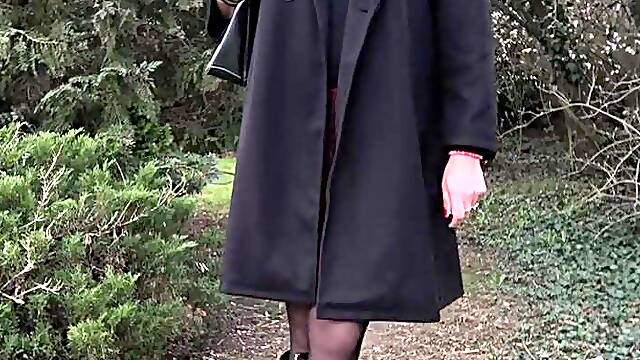 Priceless redblack petticoat with ebony hose and boots