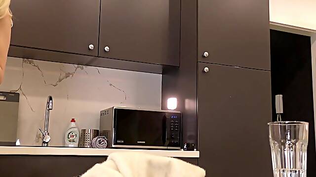 Amazingly charming all natural large tits recent sexy blond wife in transparent hose flashes her butt and snatch