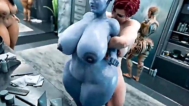 Commander Shepard having sex with the alien gal in the washroom - Mass Effect - Futanari