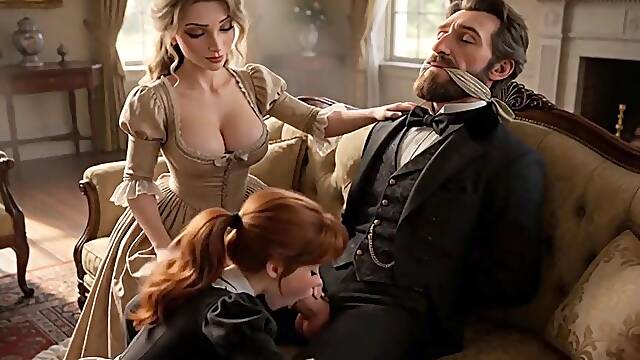 The female employer uses the maid to assist with her spouses cumshot problem (AI-generated)