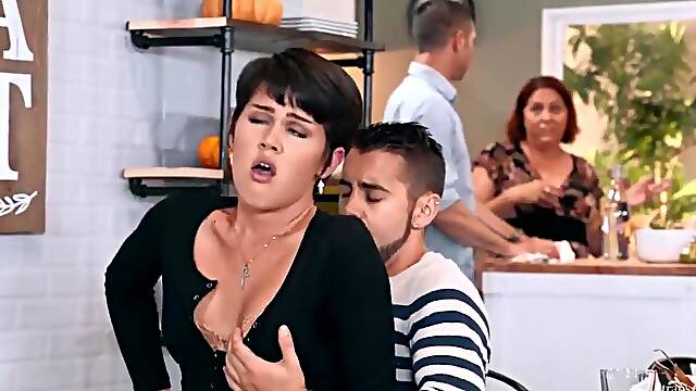 Small tgirl Daisy Taylor rides mans jock during family