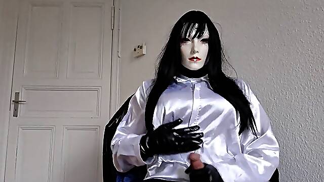 Jism with me in satin, leather and nylon catsuit