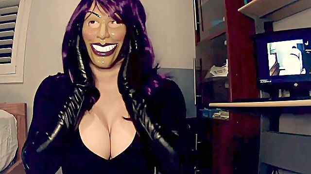 Purple Sheli Pt2! dual masked girl puts on her leather gloves and plays with her large rubber breasts!
