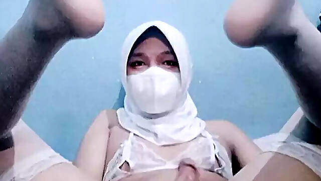Sexy Gay femboy wearing white lingerie with hijab handjob