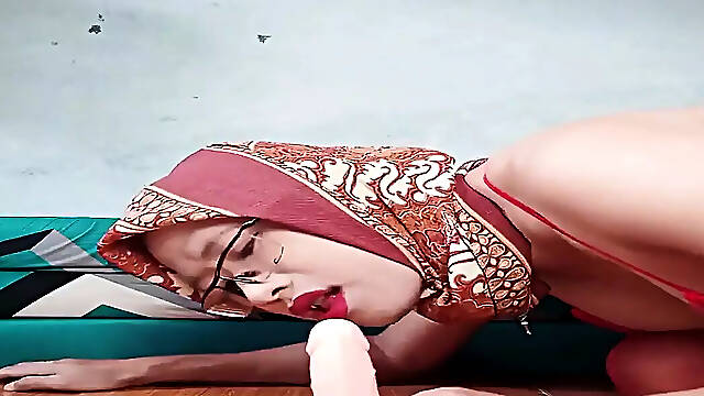 Trans Wearing Hijab Sucks Cock and Masturbate with a Dildo