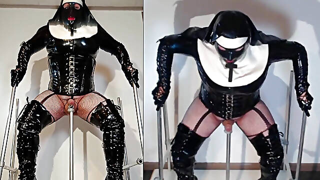 Lewd nun in latex and thigh-high boots sprays cum everywhere from fucking a fleshlight