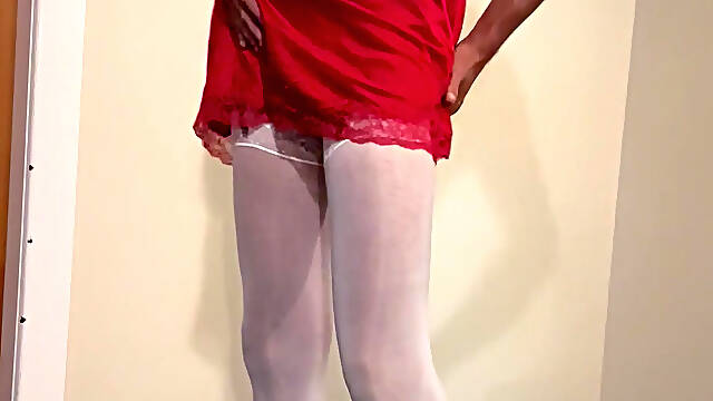 Red satin slip. Black panties
