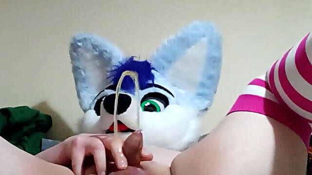 Horny furry femboy gapes and pees on himself