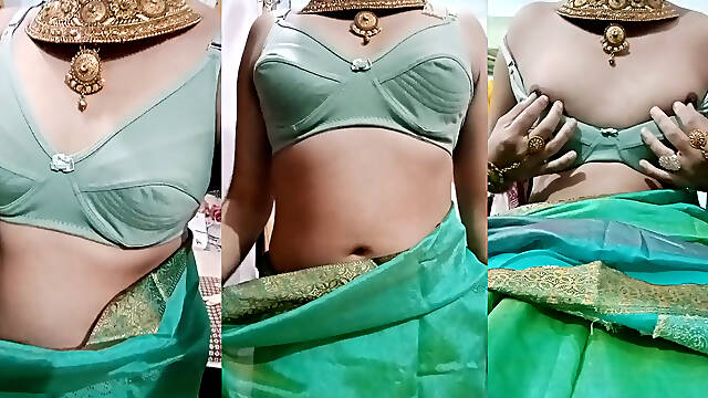 Indian Gay Crossdresser Bottom Gaurisissy pressing and playing with her big boobs in blue saree real homemade sex
