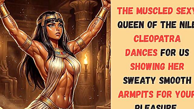 The muscled sexy Queen of the Nile Cleopatra dances for us showing her sweaty smooth armpits for your pleasure